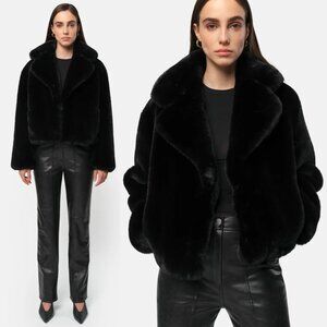 NWT Apparis Miller Short Coat Faux Fur Black Sz Medium Notch Collar Long Sleeves